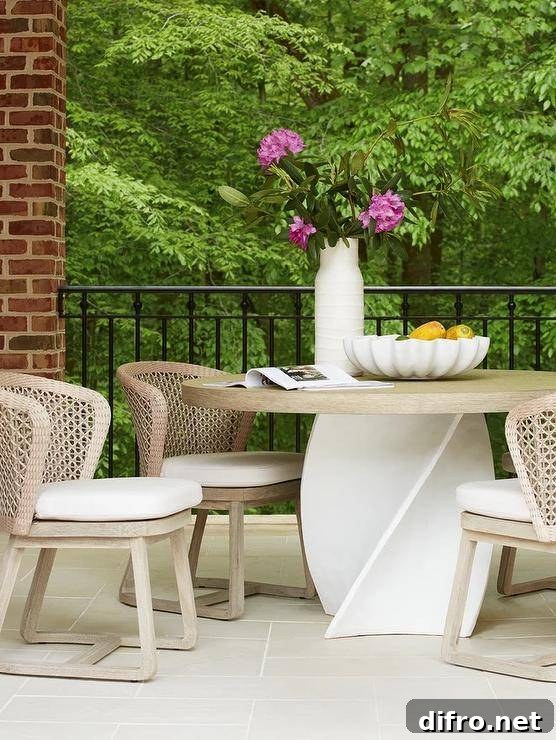 Patio features light brown rope chairs with a white twist table atop light gray pavers.