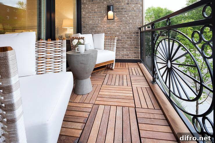 Small transitional balcony displaying modern wicker club chairs and a concrete accent table.