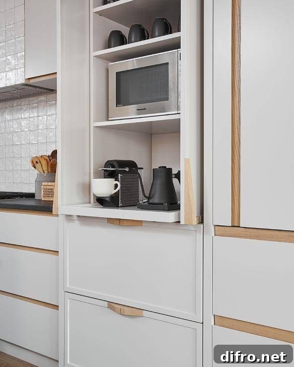 White drawers accented with blond oak hardware beneath a coffee station with folding doors and pull-out shelves.