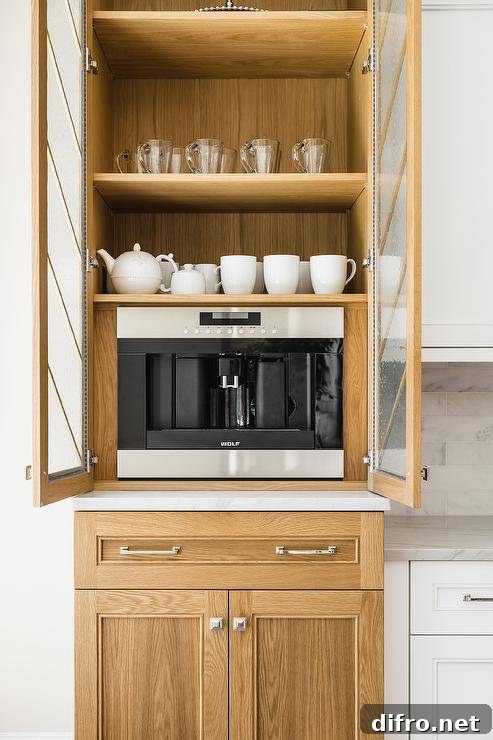 Kitchen features light brown oak coffee cabinets with seeded glass chevron pattern doors and a wolf coffee maker.