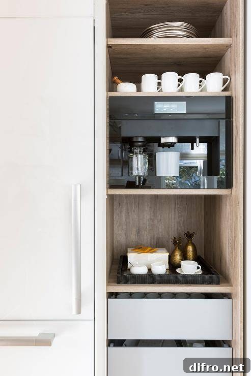 Light gray pull out coffee pod drawers are stacked beneath shelves holding coffee mugs and a Miele coffee machine.
