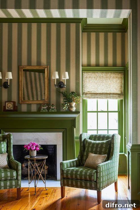 This gorgeous green formal living space features a green fireplace mantel framing a marble surround and fixed against a wall clad in green vertical stripe wallpaper. A gold French mirror hangs above the fireplace and between oil-rubbed bronze 2-light sconces. A brass directoire accent table is flanked by green wingback chairs.