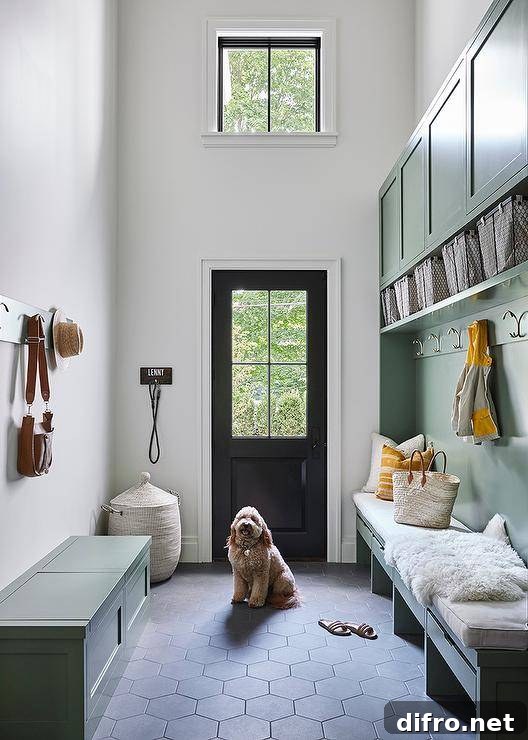 Two-story mudroom boasts black hexagon floor tiles fixed beneath a green built-in bench placed under nickel coat hooks mounted to a green plank and a green bench topped with a white cushion and white sheepskin throw.