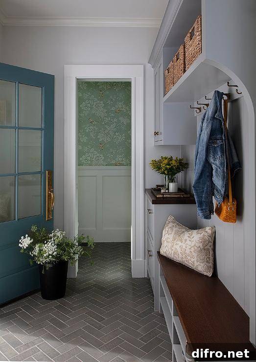 Slate herringbone pattern floor tiles lead to a wooden mudroom bench fixed over gray shelves and against gray shiplap trim holding coat hooks under a gray shelf filling with woven bins. A turquoise blue mudroom door is finished with a brass door handle and glass panels.