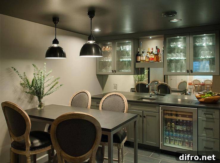 Industrial-style gray wet bar area illuminated by black pendants and custom-lit cabinets.
