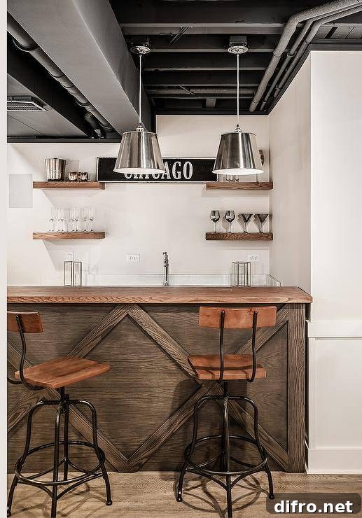 Industrial-style basement bar with distressed wood counter and metal pendants.