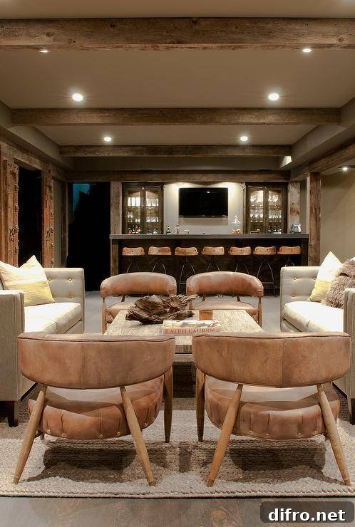 Fully furnished basement wet bar with leather chairs, tufted sofas and a flat-panel TV.