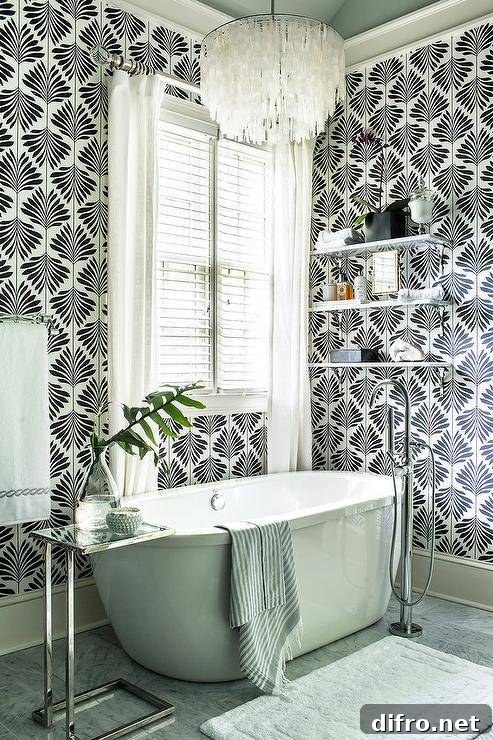 white blinds layered behind curtains over a bathtub window