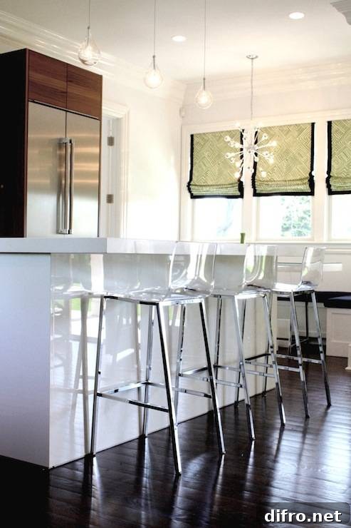 windows covered in patterned Roman blinds in a kitchen area