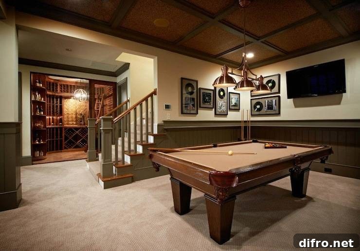 Fabulous basement games room with separate wine cellar, pool table, coffered ceiling and framed records