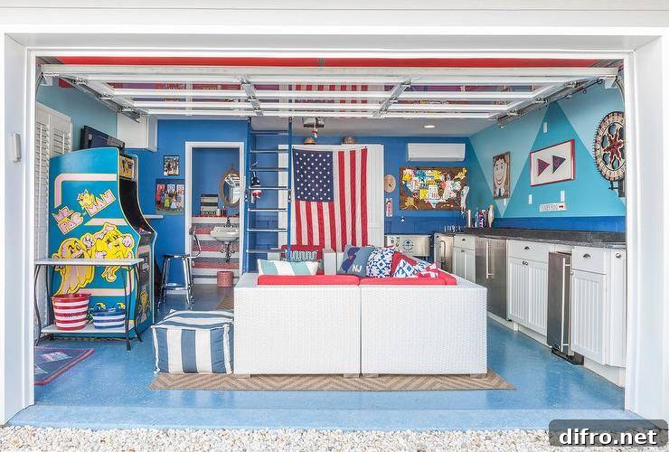 Converted garage man cave with vintage arcade game and kitchenette