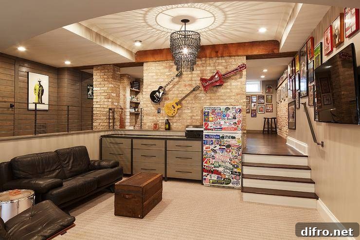 Sunken man cave with chandelier, leather sofa and wall-mounted TV