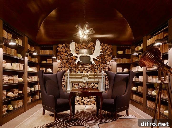 Den with wood barrel ceiling, built-in bookcases, stone fireplace and zebra cowhide rug