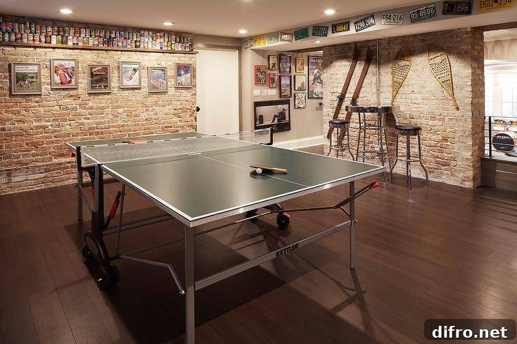 Basement man cave with ping pong table, exposed brick and floating shelf display