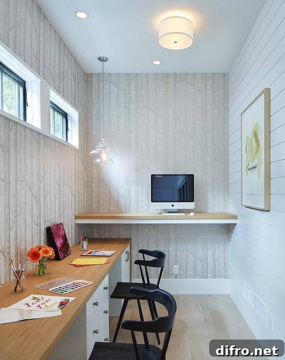 Long, narrow home office featuring a wood-top floating standing desk above a built-in two-person desk with brass hardware.