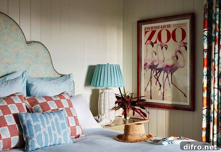 Bedroom features contrasting colored headboard and bedding.