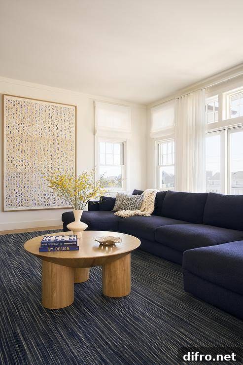 Living room features a blueberry blue sectional on an ivory and blue rug with a vintage round oak coffee table.