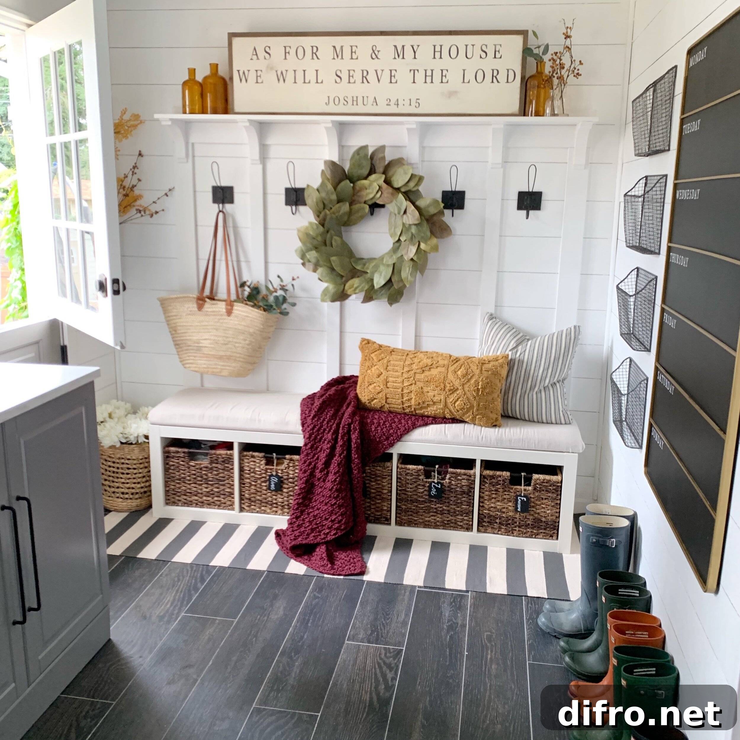 Fall entryway with a Christian sign, hooks, and a bench.