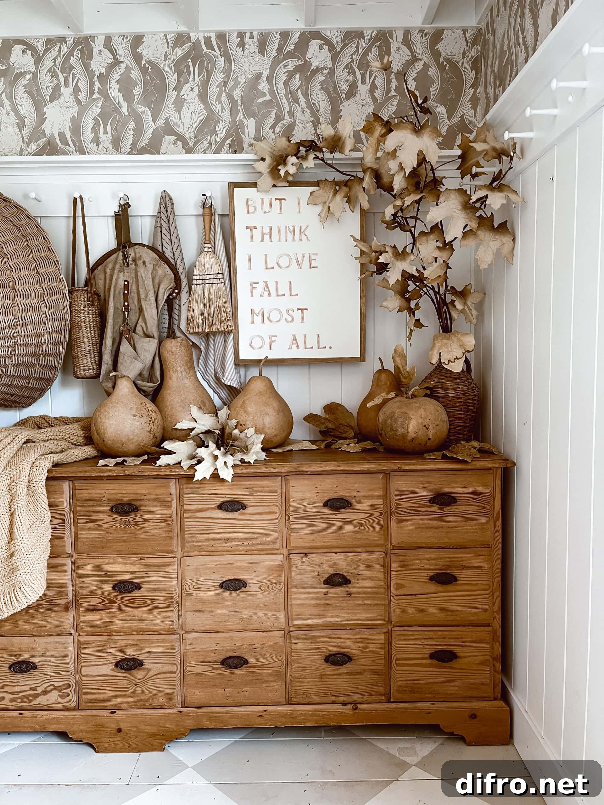 Fall entryway with leaves and a sign.