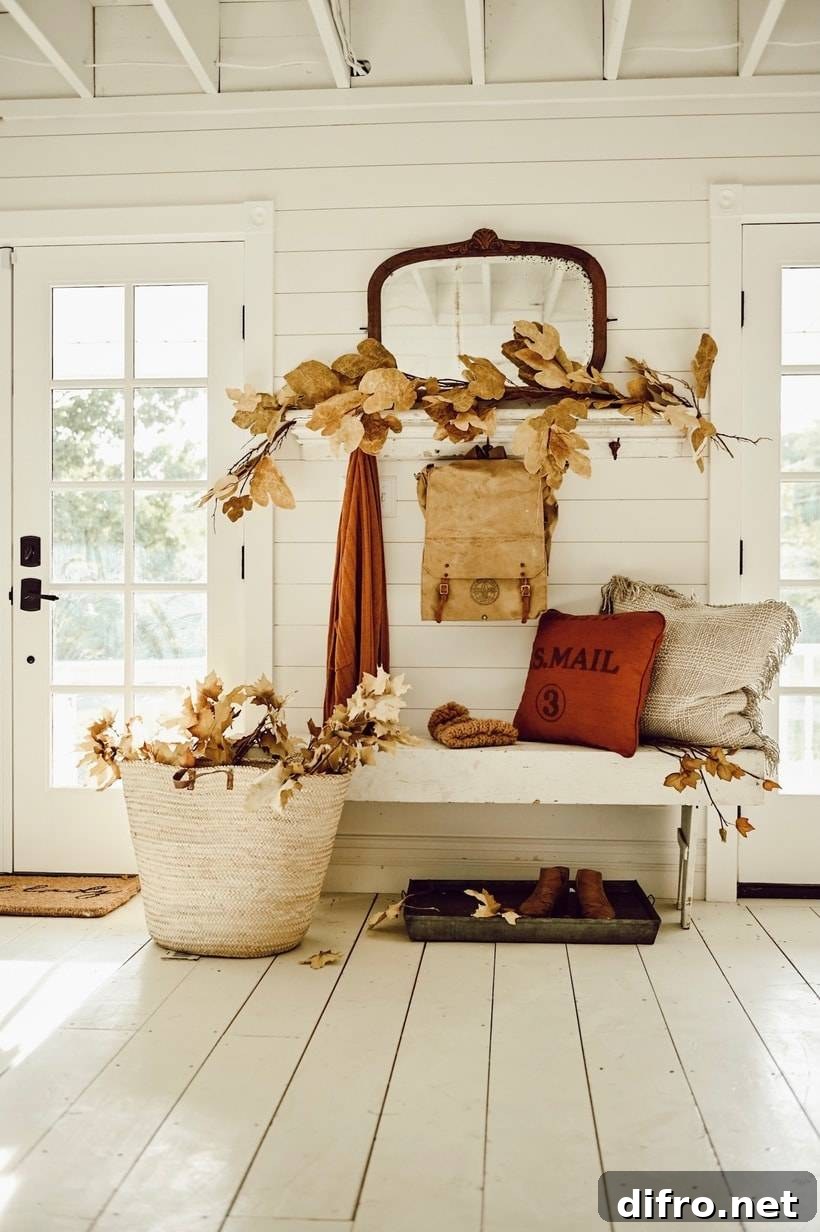 Rustic fall entryway with leaves.
