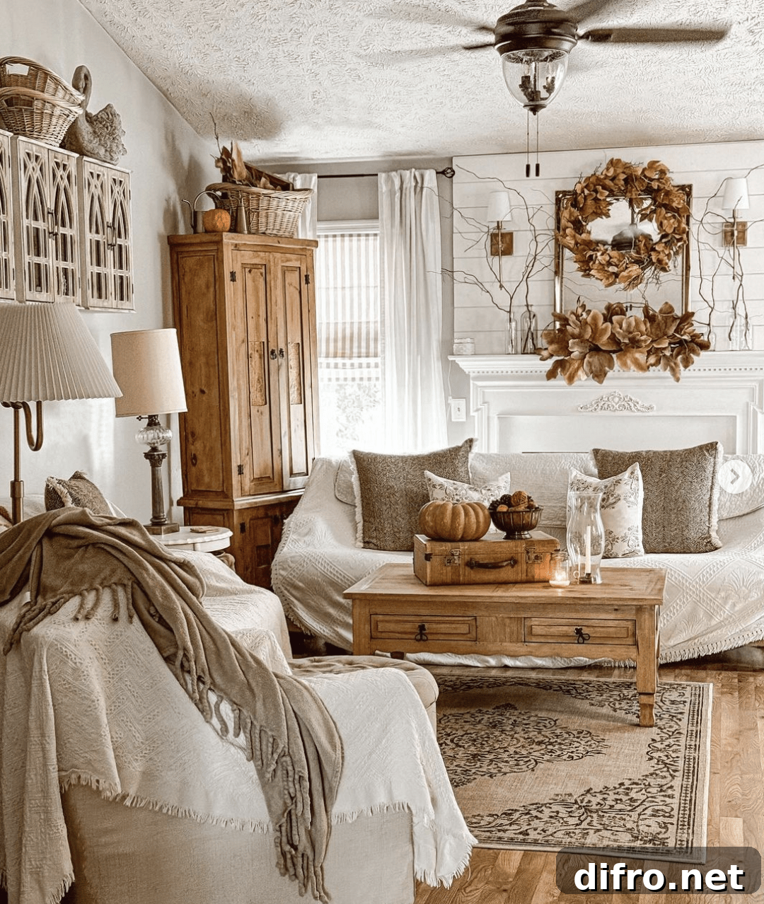 Fall neutral living room with decor wood coffee table and white furniture.
