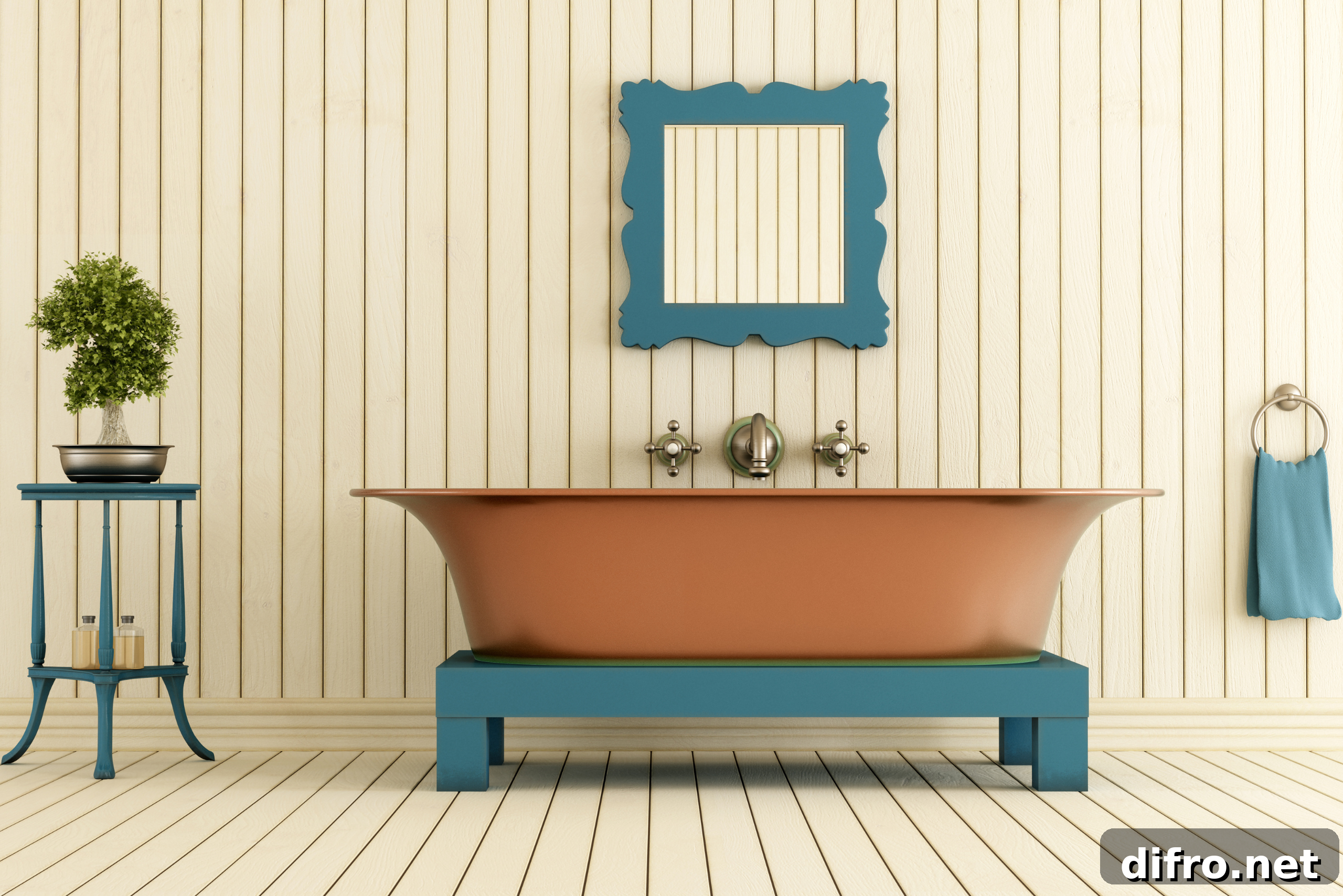 Vintage bathroom with large tub and blue-greenish accent colors.