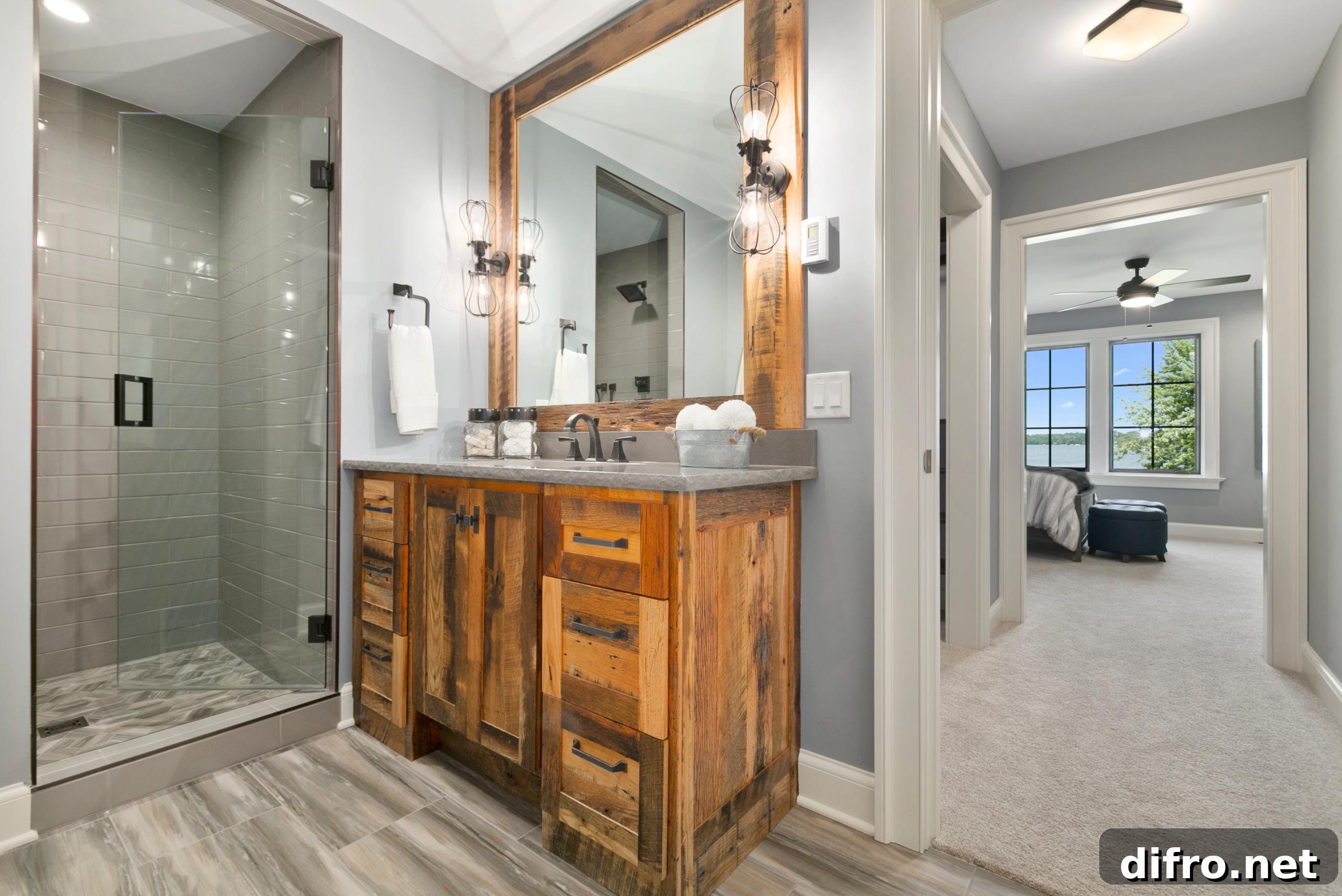 Modern bathroom with cohesive color and great lights.