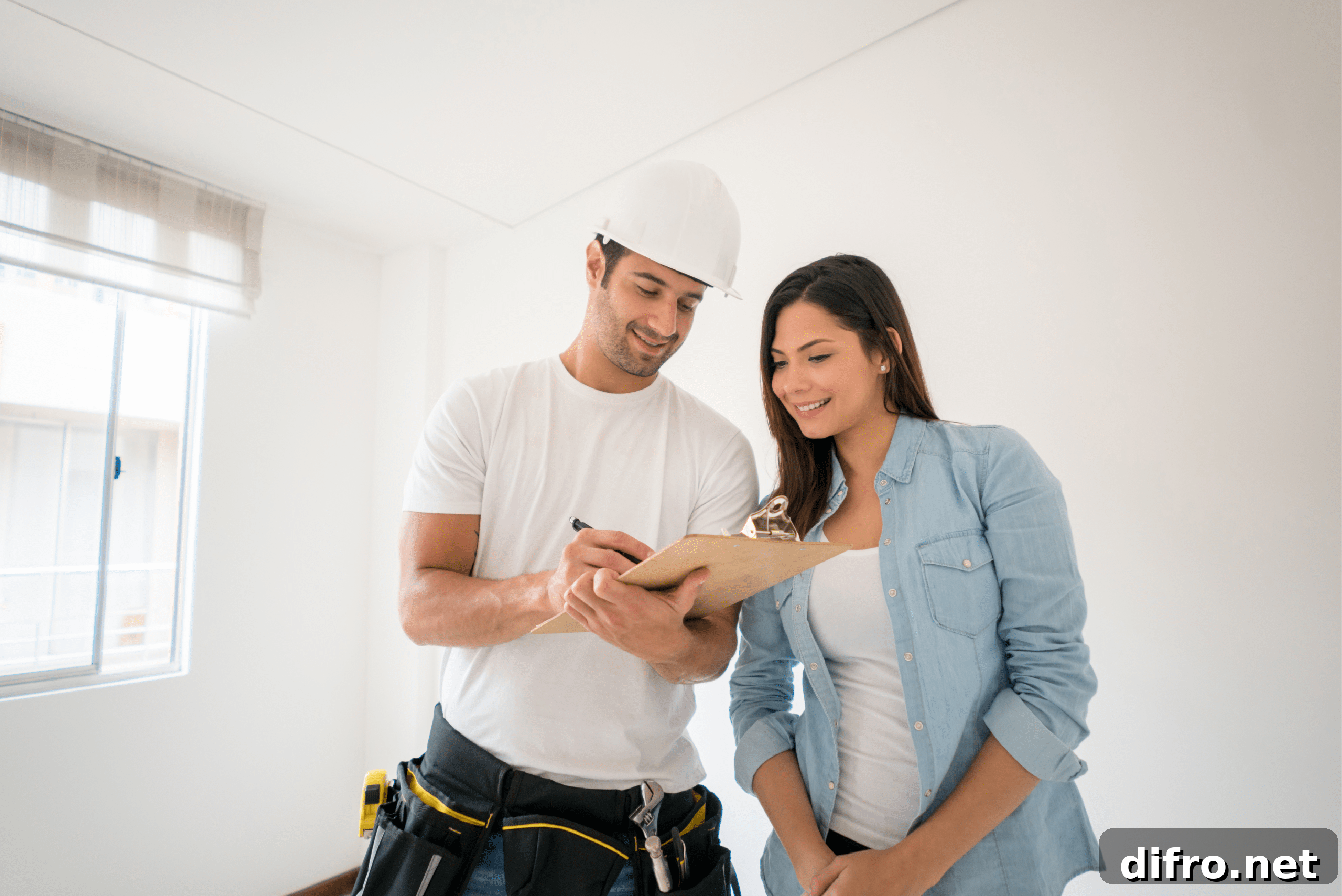 Contractor and woman looking at clipboard.