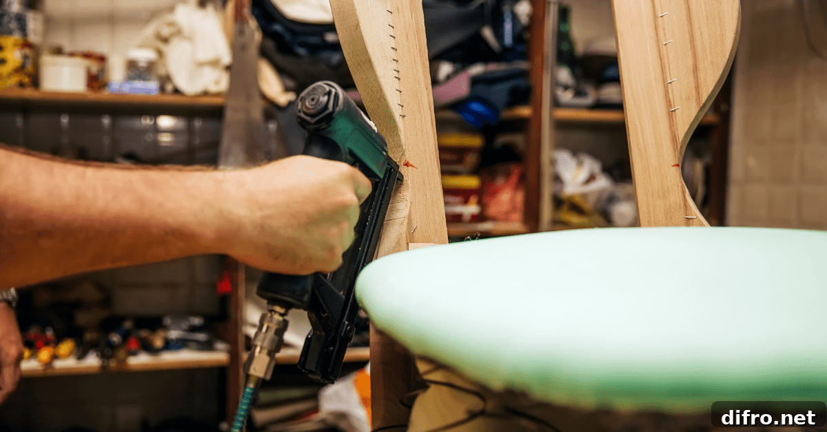 Worker preparing a chair for upholstery.