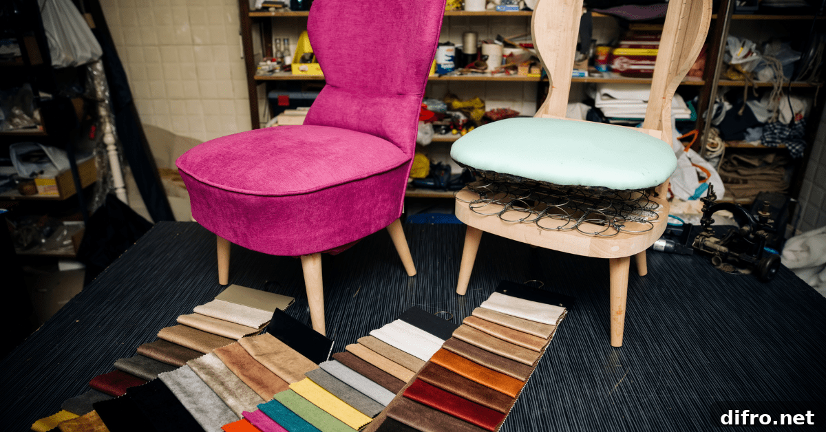 Two chairs, one missing upholstery, fronted by fabric samples.