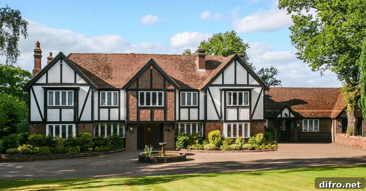 Exterior of Tudor styled house with green landscaping.