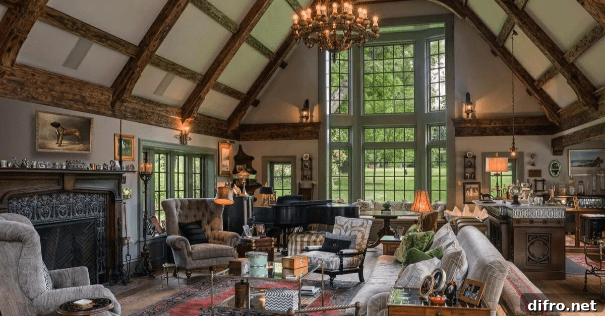 Living room of a Tudor style house with matching styled pieces of furniture and decor.