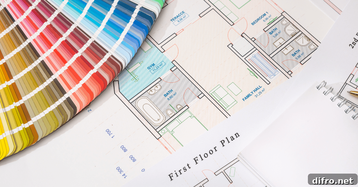 Color sample cards on top of blueprints.