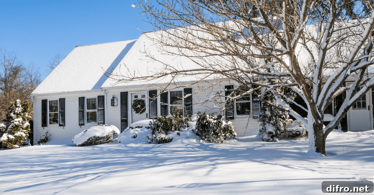 Cape Cod styled house in winter, covered in snow.
