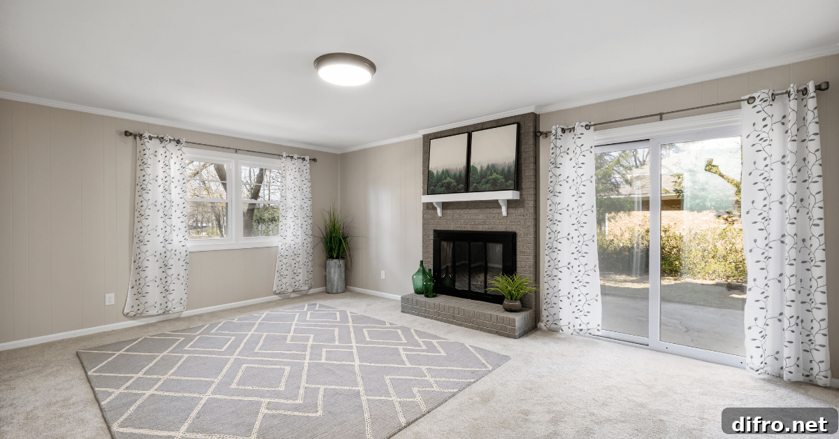 Wall-to-Wall Carpet for Your Home: Benefits, Drawbacks, and Tips 5 Empty living room with wall-to-wall carpet and an area rug.