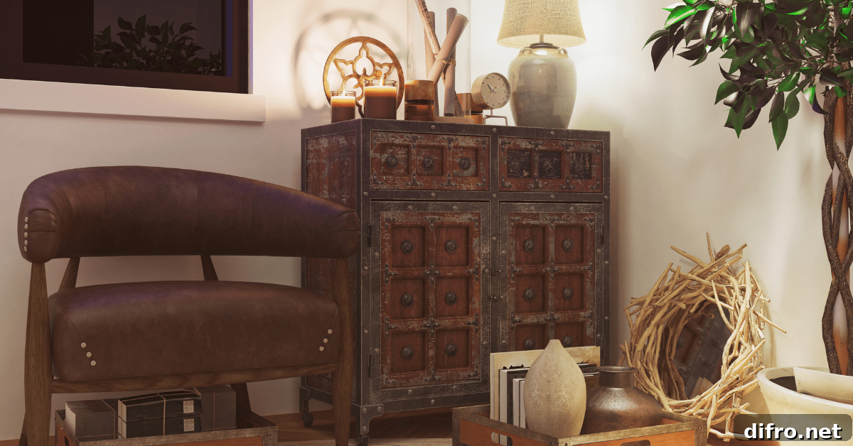 A vintage chair and dresser along other vintage pieces.