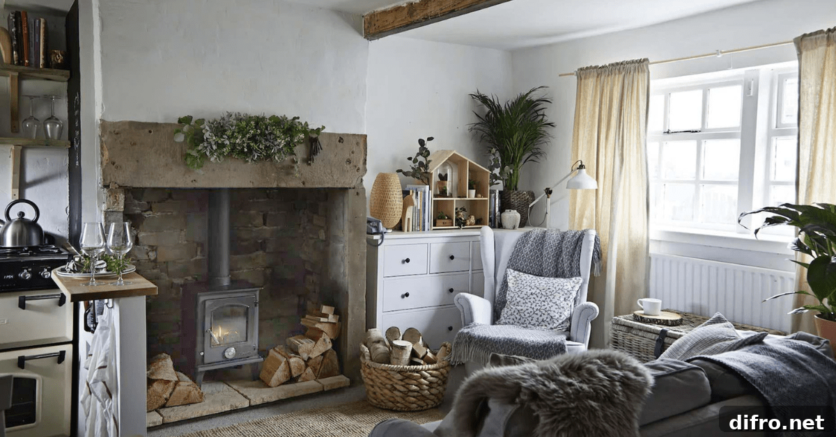 Cottagecore living room with wood-burning stove and wicker basket.