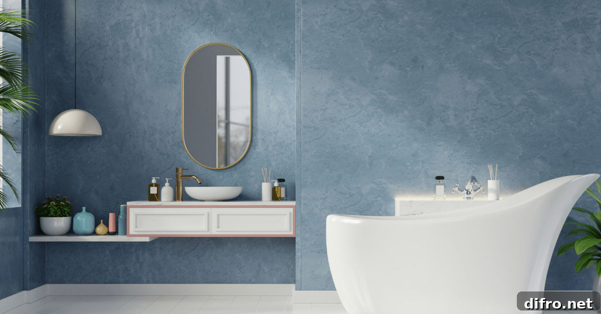 Blue-themed bathroom.