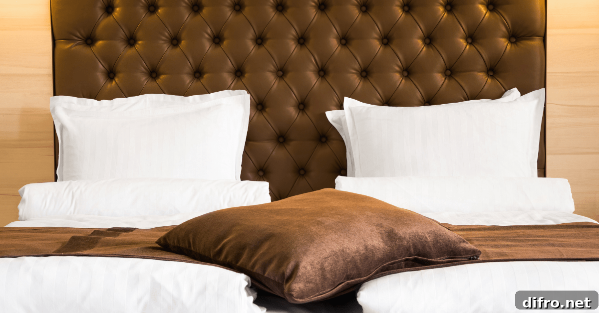Brown bed with white pillows and sheets.