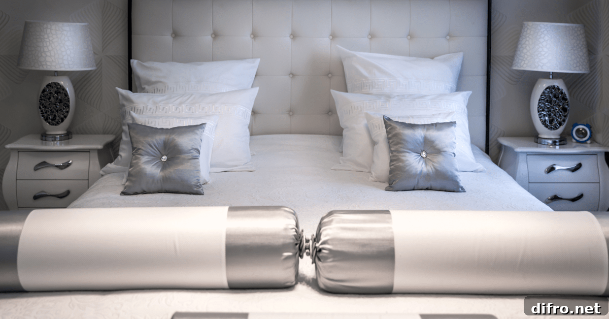 Bed with white and grey pillows.