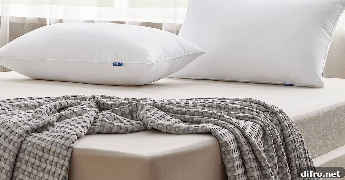 Queen-sized pillows on top of a bed.