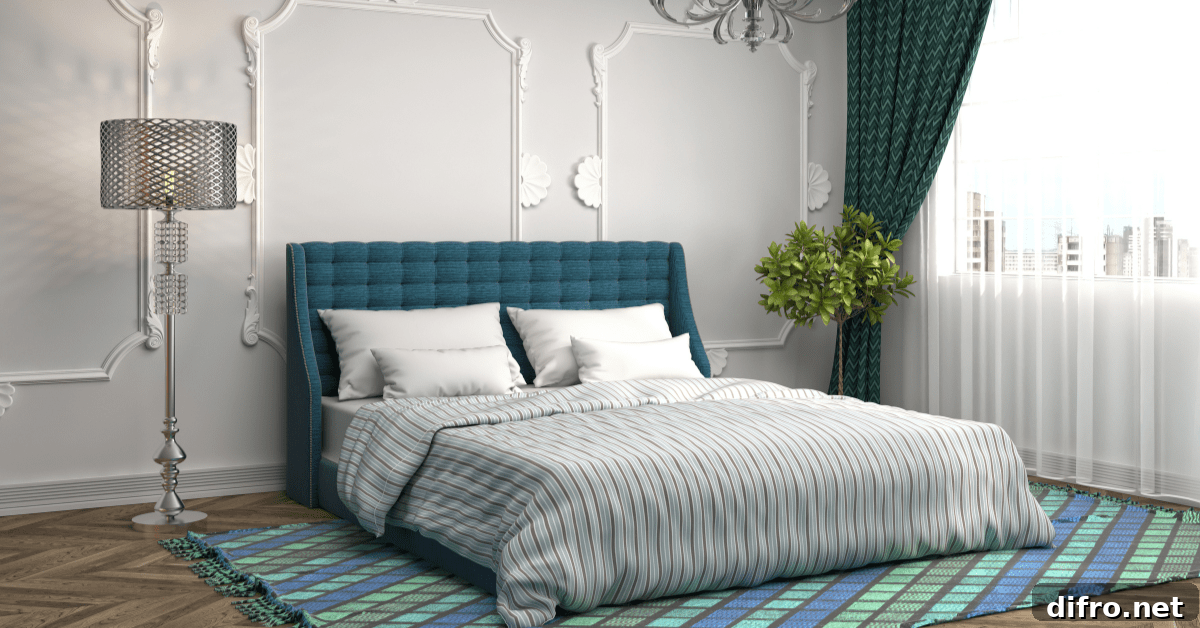 Bedroom with king size bed and rug.