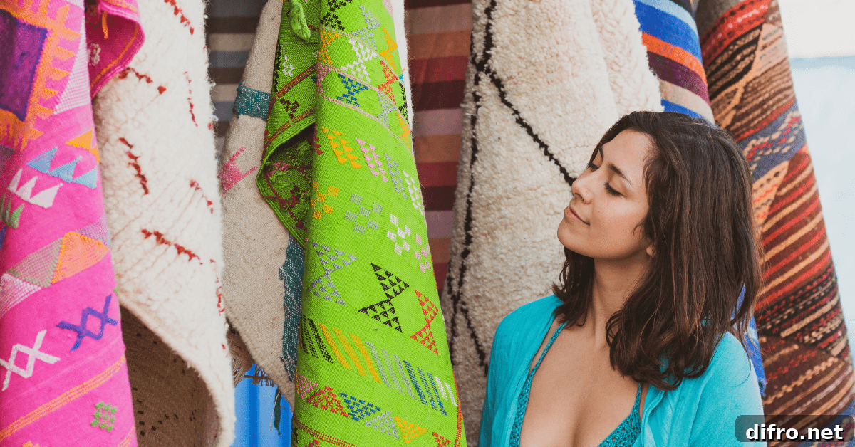 Woman choosing a rug from a store.