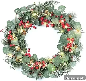 Light Up Christmas Wreath with red berries and Eucalyptus