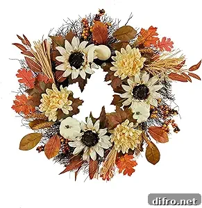 fall sunflower wreath with white sunflowers orange leaves oak leaf