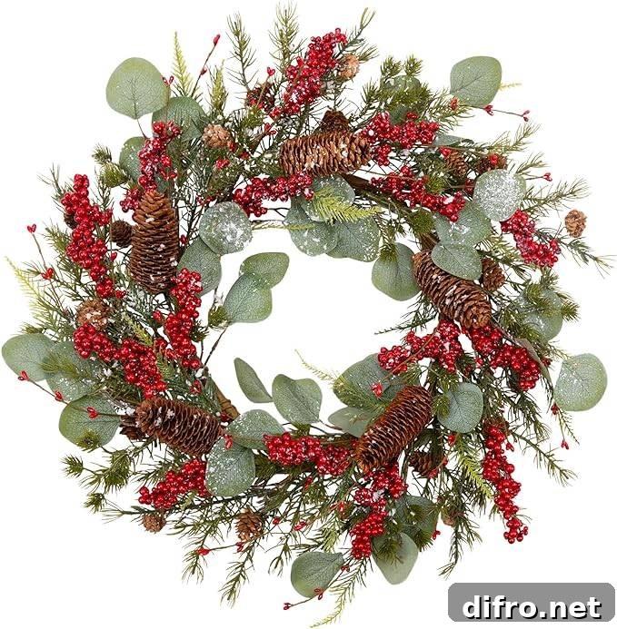 winter berry wreath with eucalyptus pinecones red berries