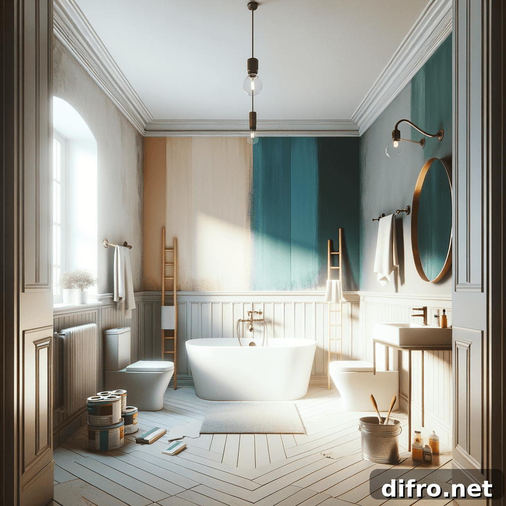 contemporary bathroom with walls painted half blue half beige during renovation