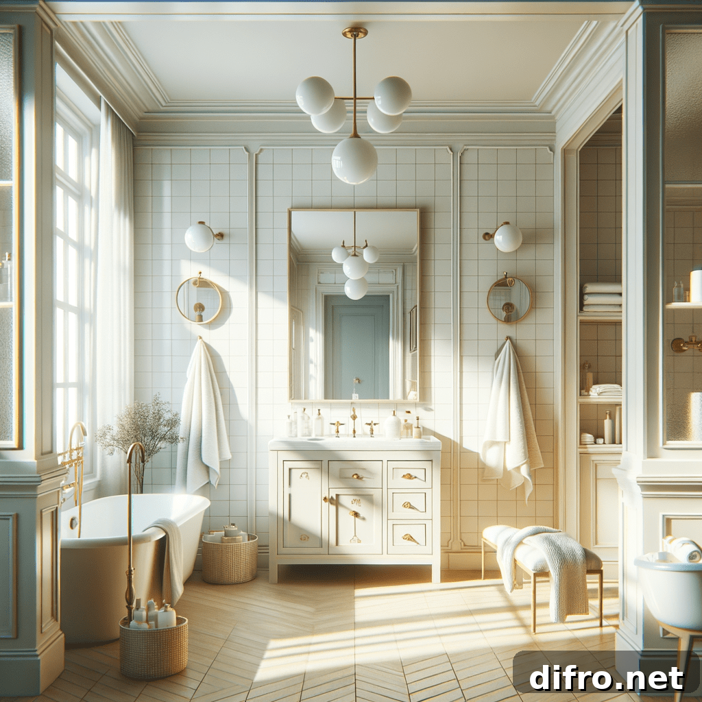 sunlit vintage modern light colored bathroom with spherical accents