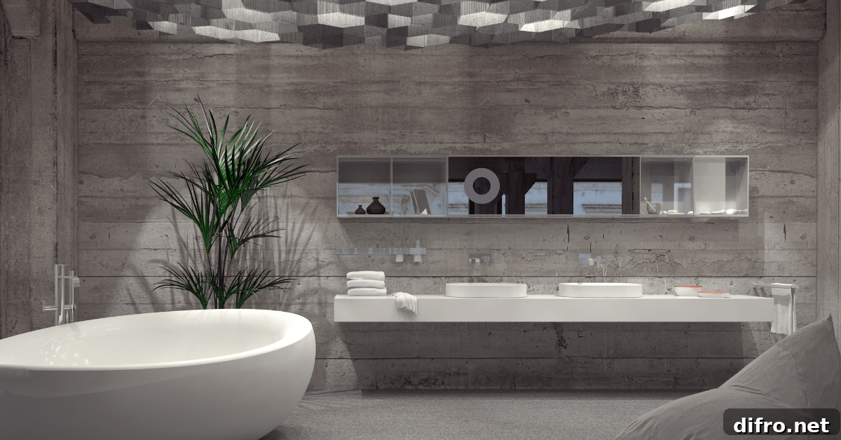 Grey bathroom with white tub