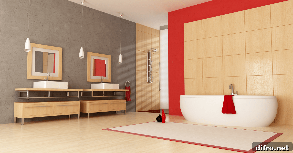 Modern bathroom with light colors that contrast well with red bold accents